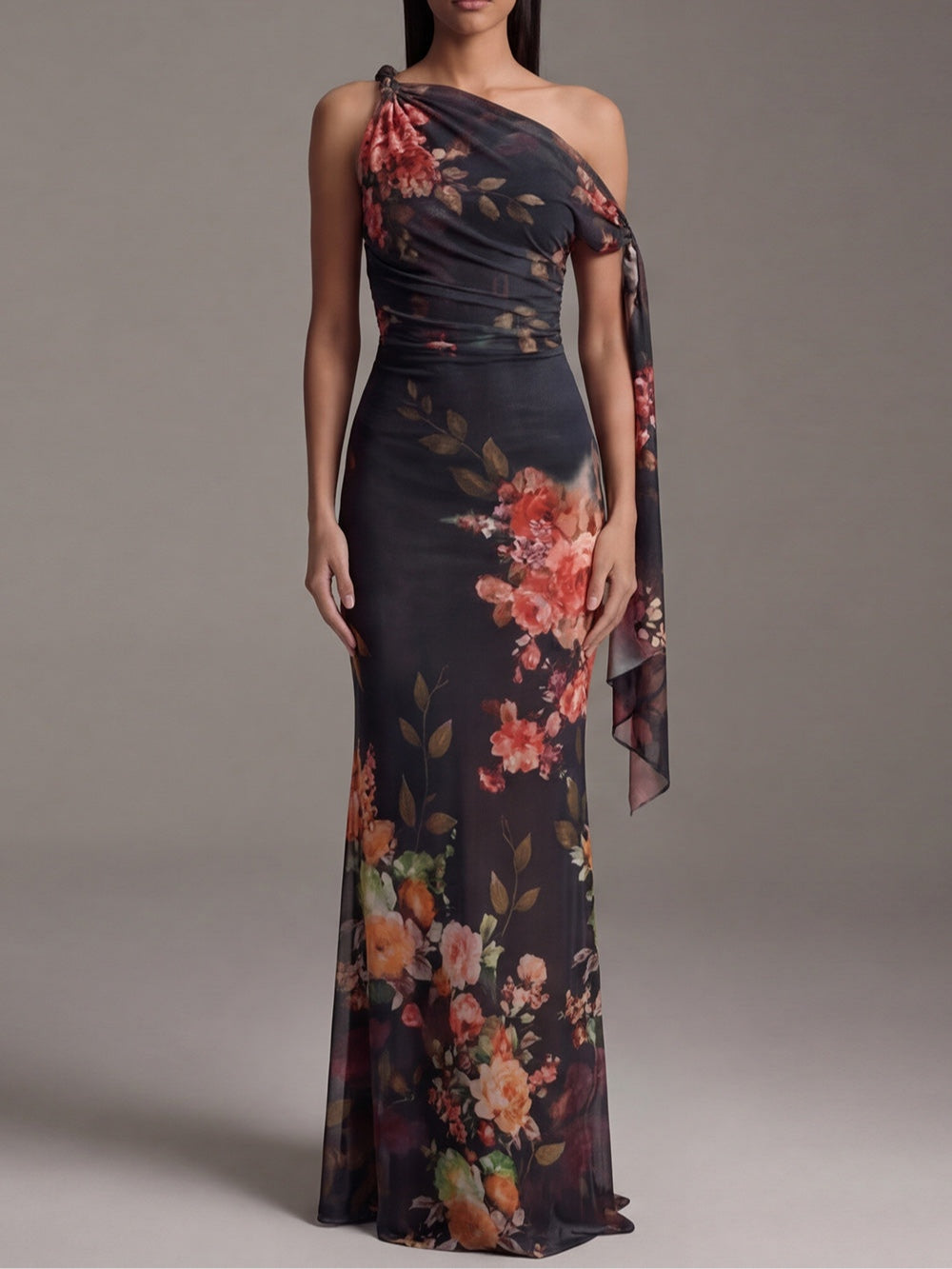 Black One-Shoulder Printed Pleated Chiffon Maxi Dress — 1