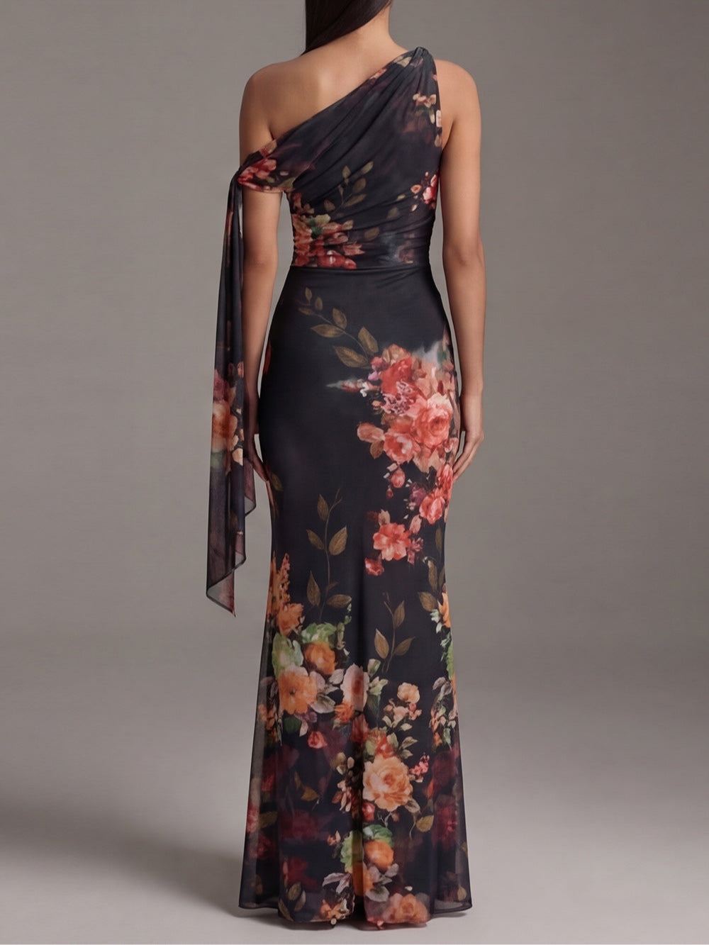 Black One-Shoulder Printed Pleated Chiffon Maxi Dress — 2