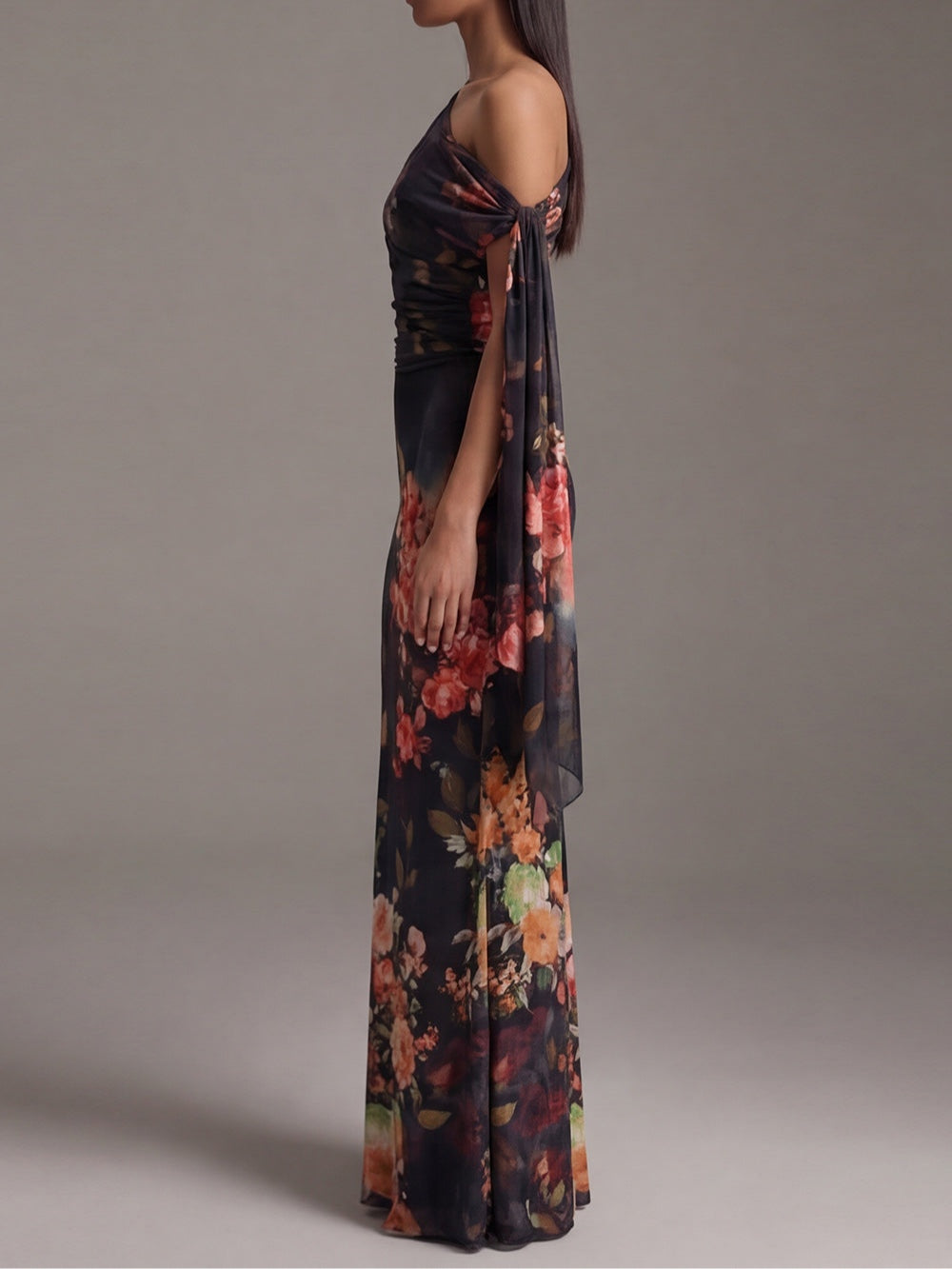 Black One-Shoulder Printed Pleated Chiffon Maxi Dress — 3