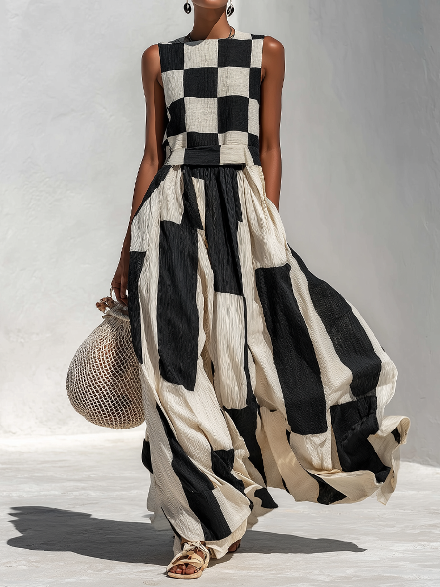 Ardenne | Plaid and Stripe Panelled Sleeveless Maxi Dress
