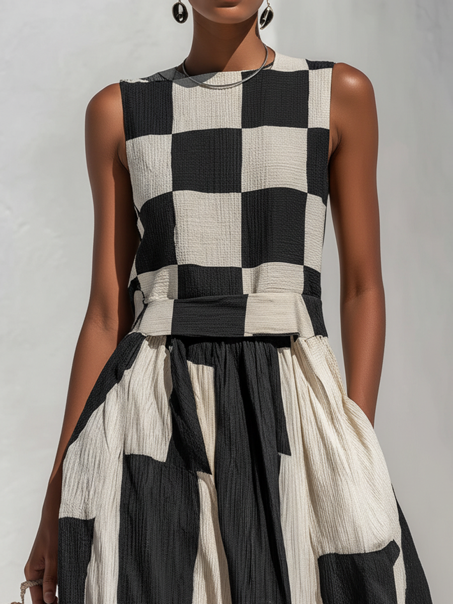 Ardenne | Plaid and Stripe Panelled Sleeveless Maxi Dress