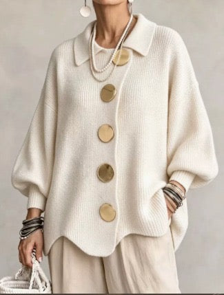 Isadora™ | Oversized Collared Cardigan With Large Metal Buttons — 10