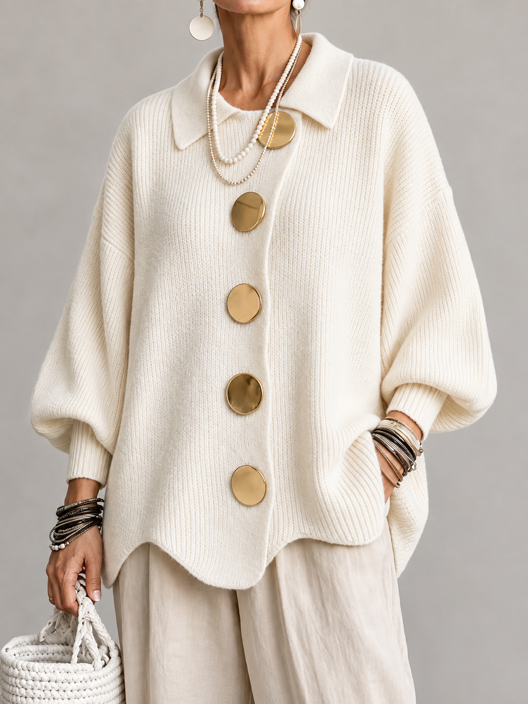Isadora™ | Oversized Collared Cardigan With Large Metal Buttons — 14