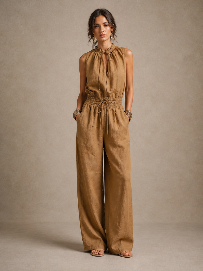 Zenaide | Camel-colored jumpsuit with high tied neckline and wide leg