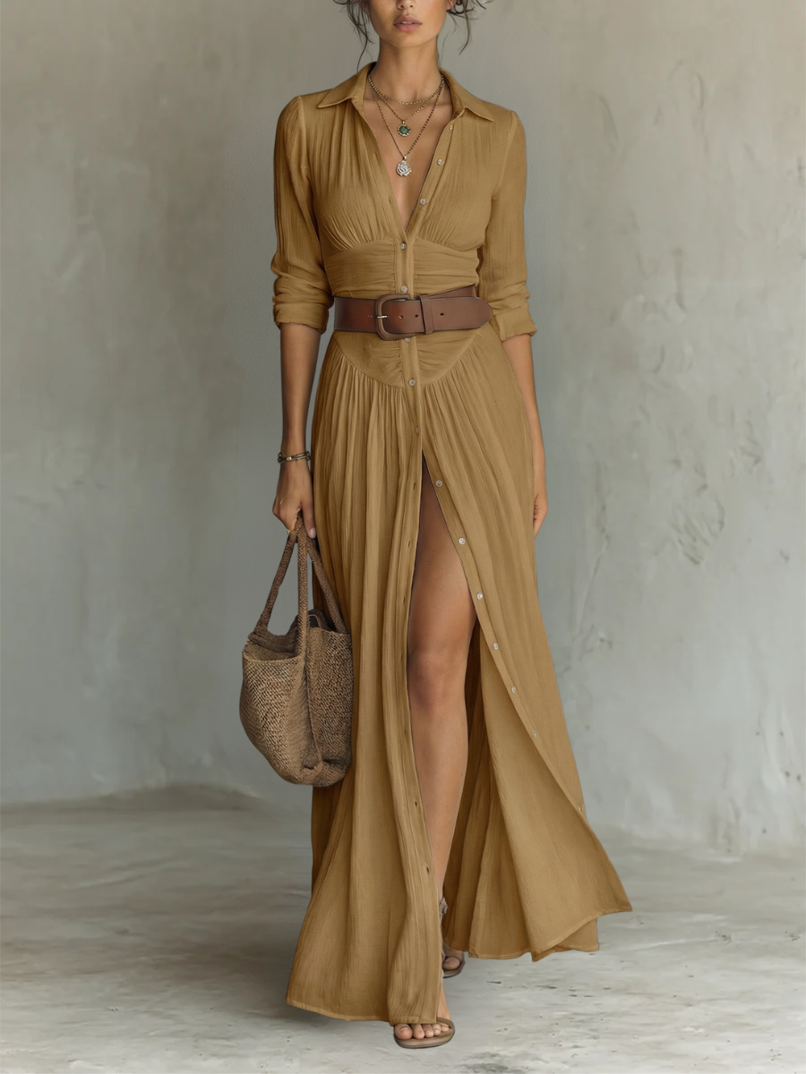 Long Maxi Dress with Notched Collar and Long Sleeves for Women — 6