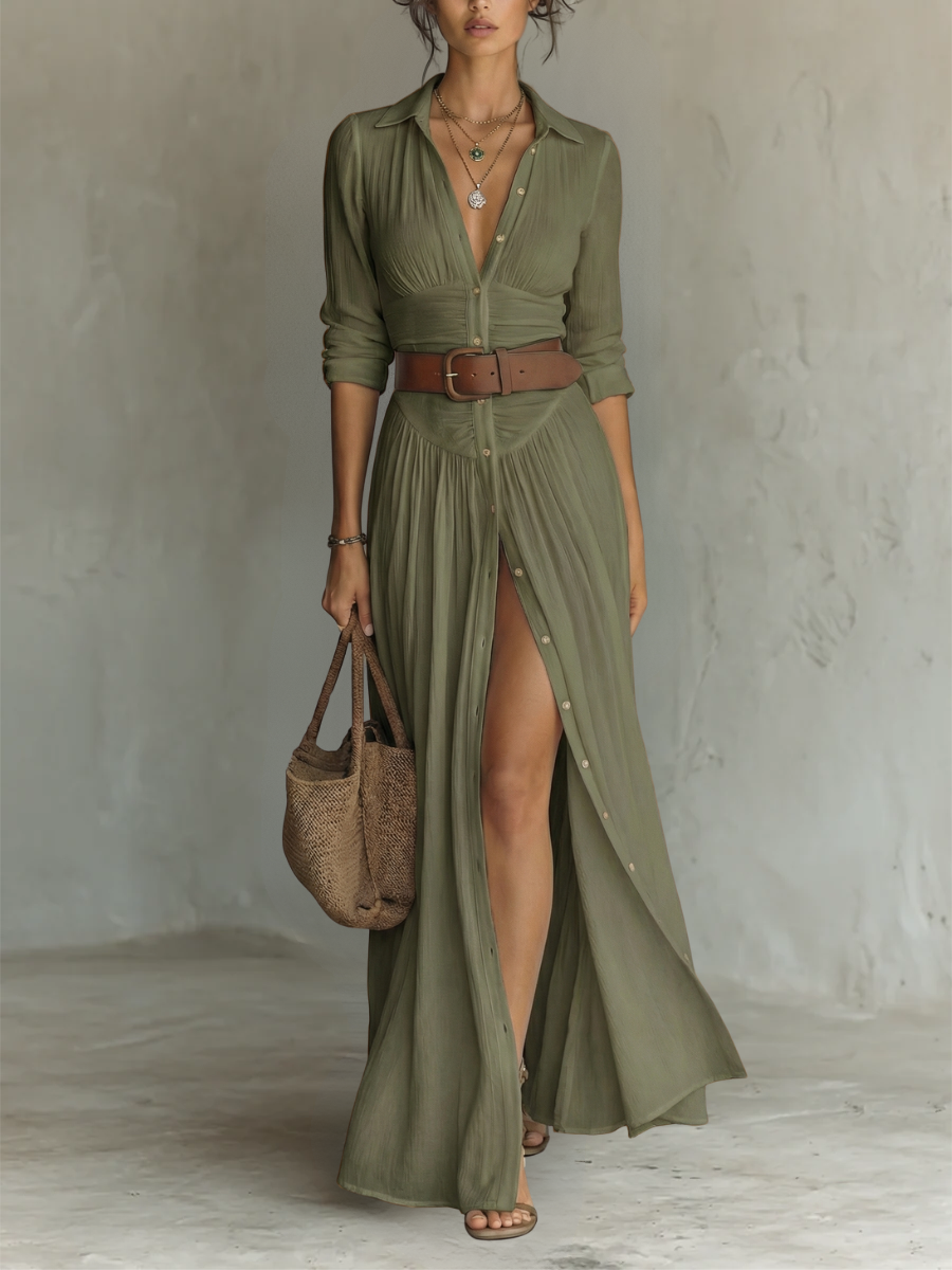 Long Maxi Dress with Notched Collar and Long Sleeves for Women — 5