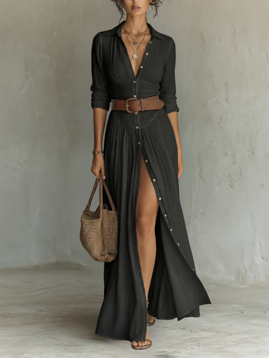 Long Maxi Dress with Notched Collar and Long Sleeves for Women — 4