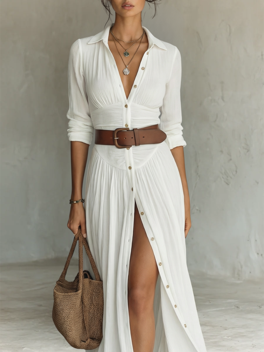 Long Maxi Dress with Notched Collar and Long Sleeves for Women — 3