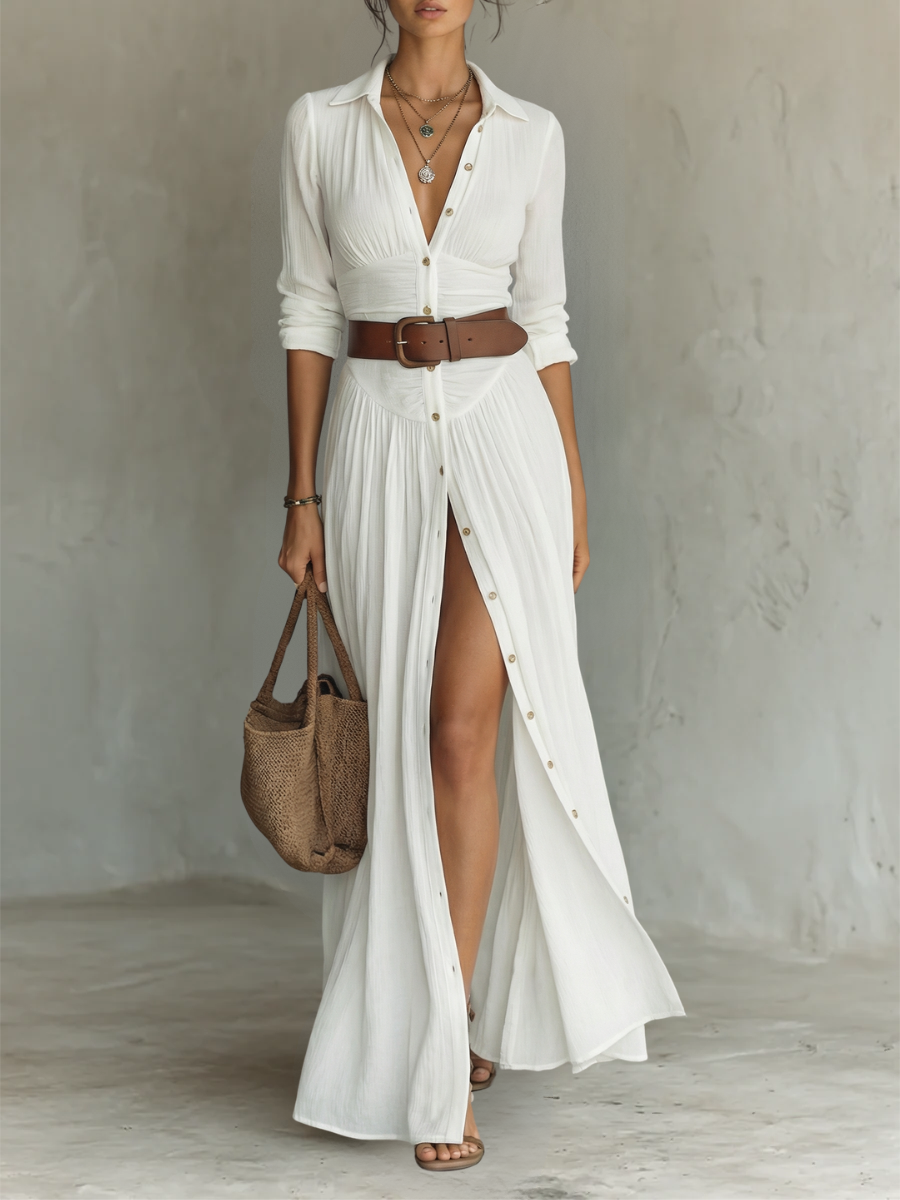 Long Maxi Dress with Notched Collar and Long Sleeves for Women — 1