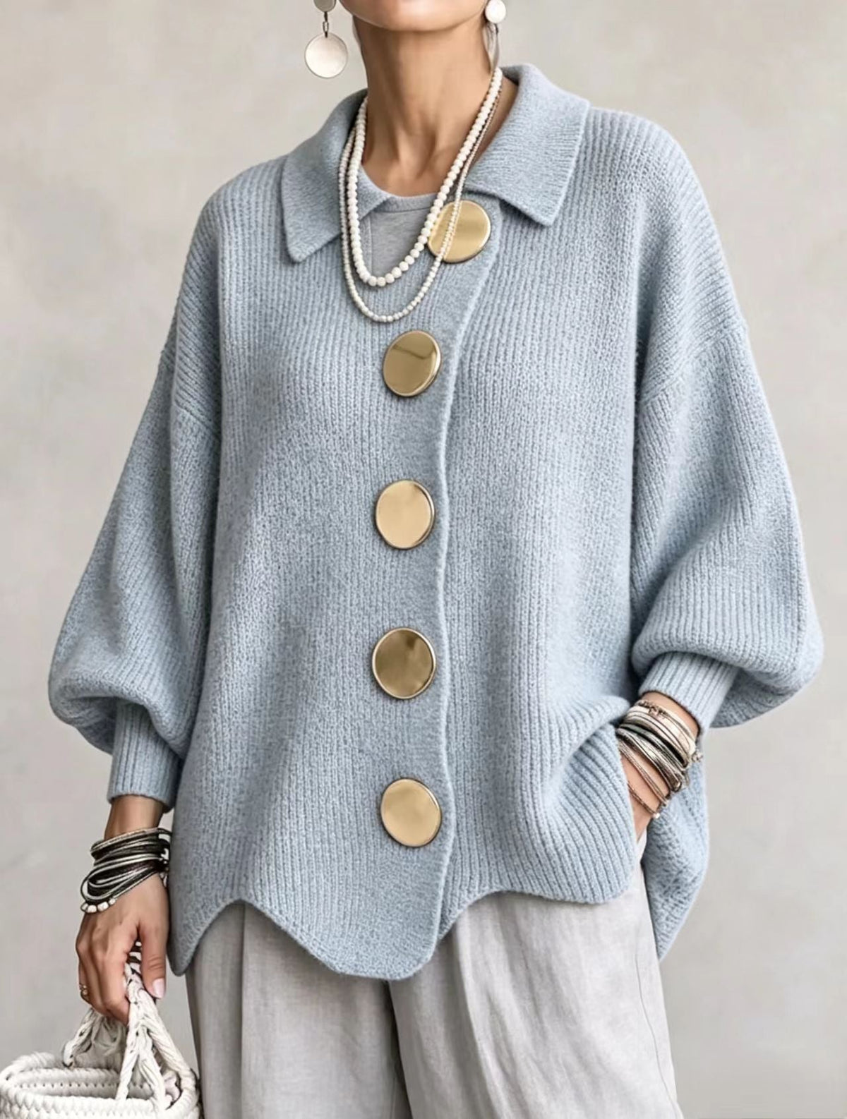 Elvinia | Oversized Collared Cardigan With Large Metal Buttons
