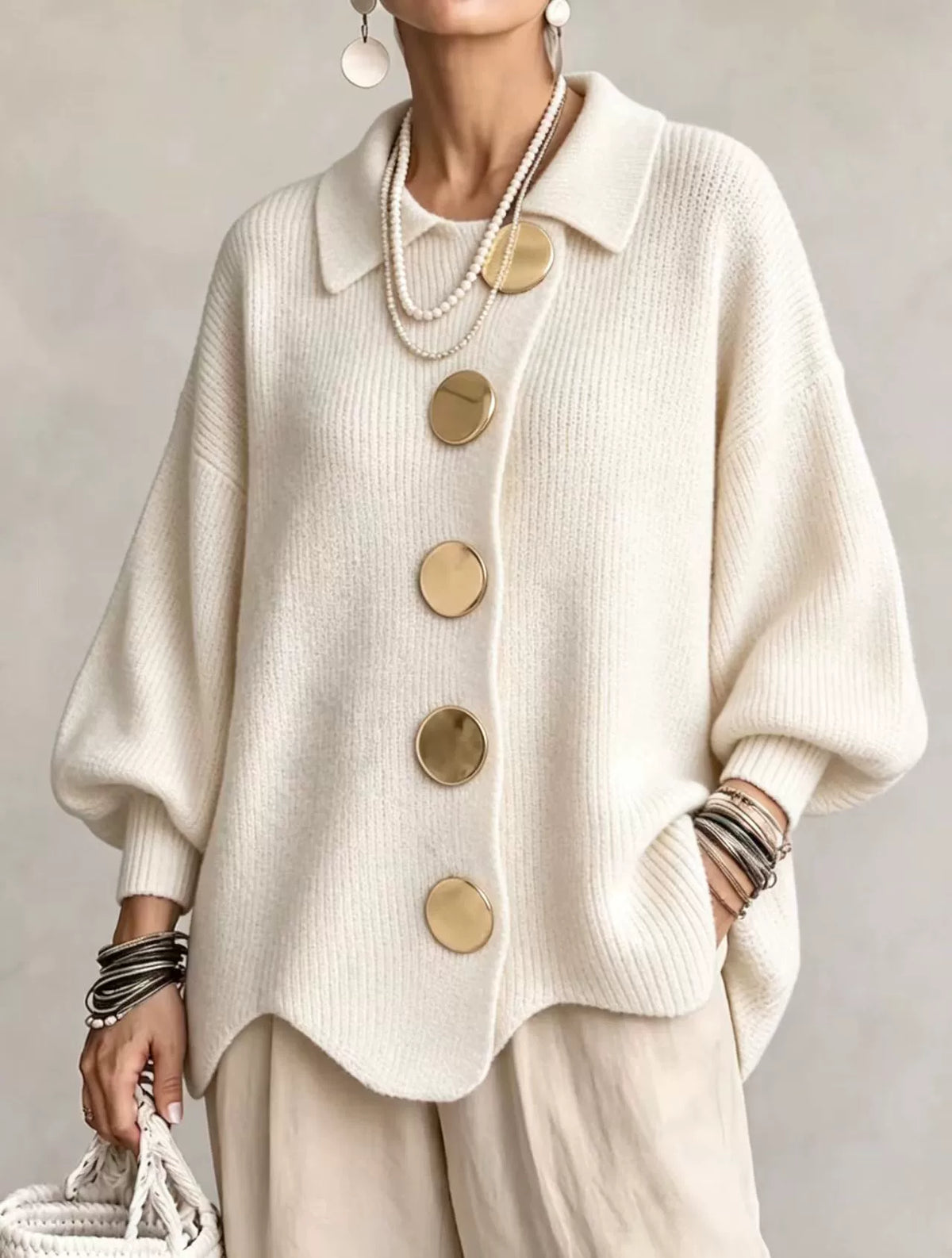 Elvinia | Oversized Collared Cardigan With Large Metal Buttons
