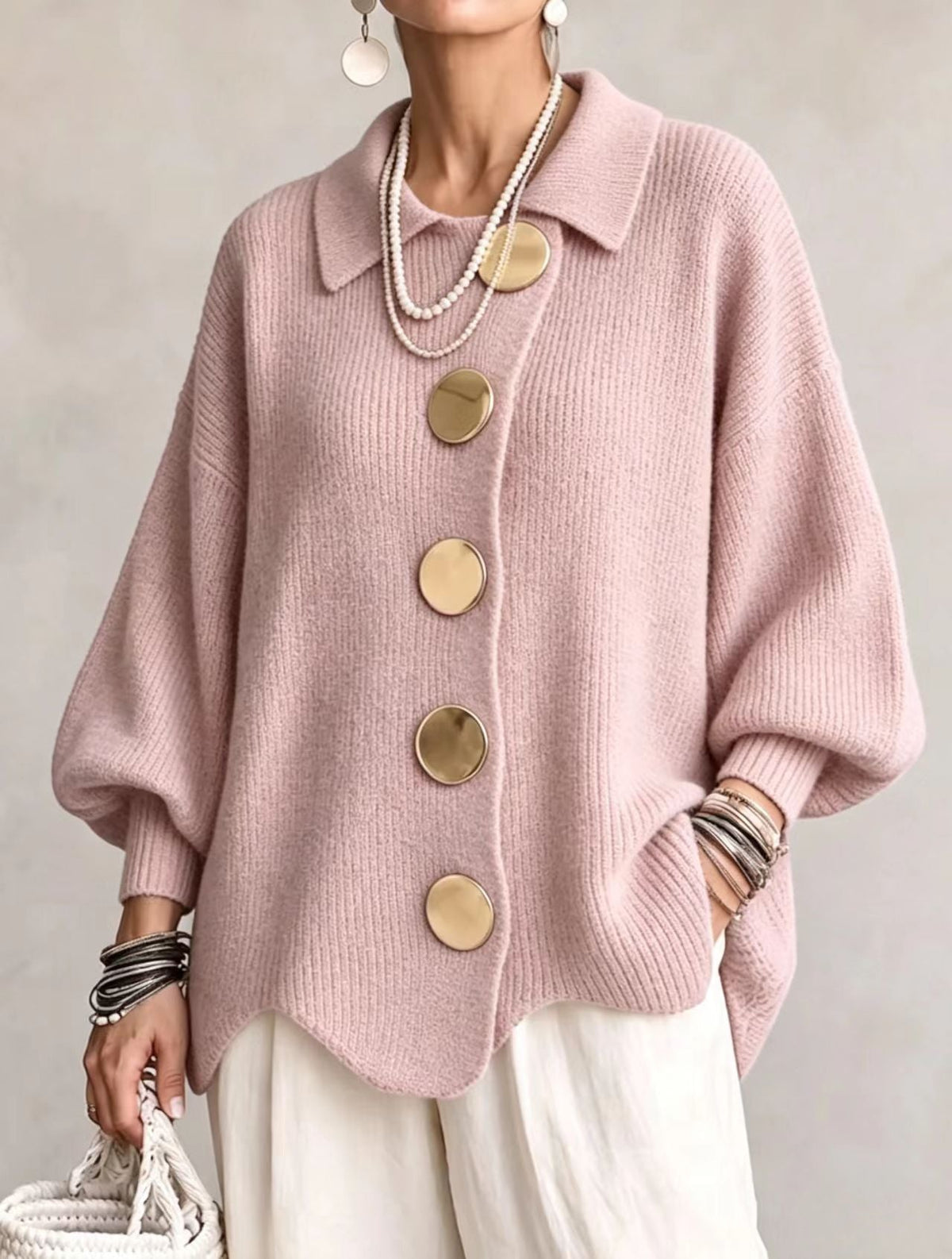 Elvinia | Oversized Collared Cardigan With Large Metal Buttons