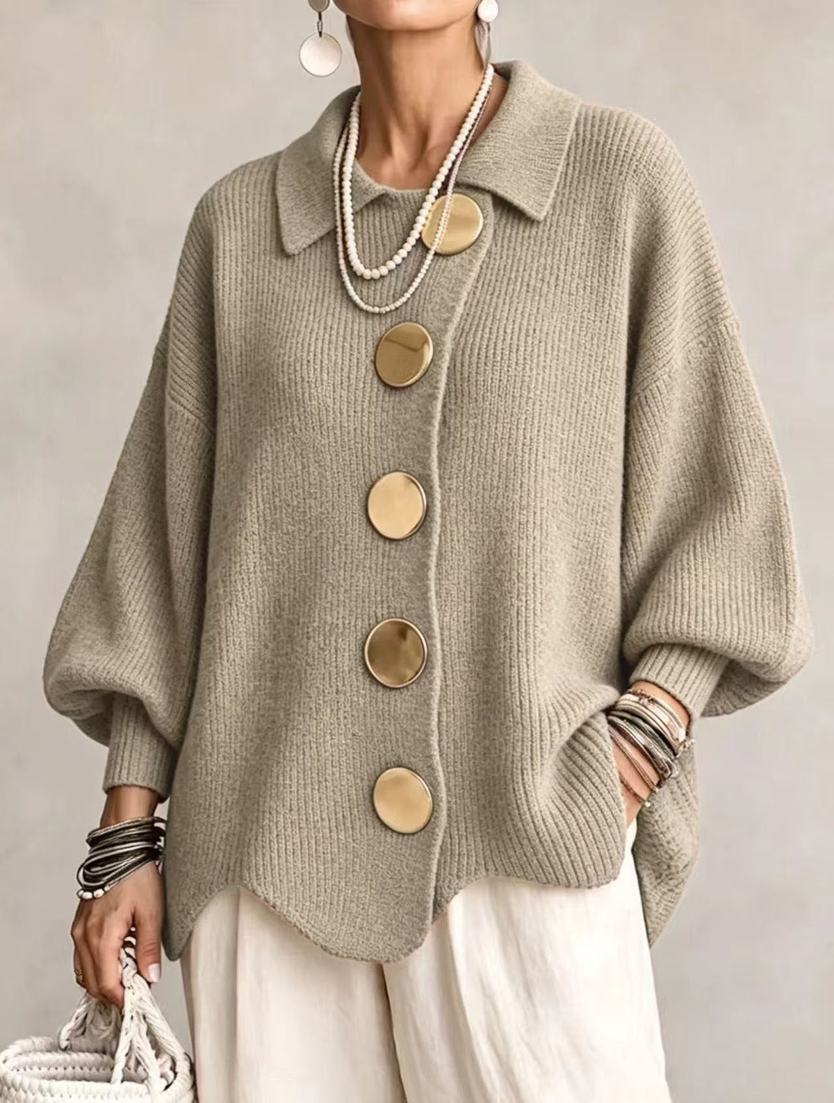 Elvinia | Oversized Collared Cardigan With Large Metal Buttons