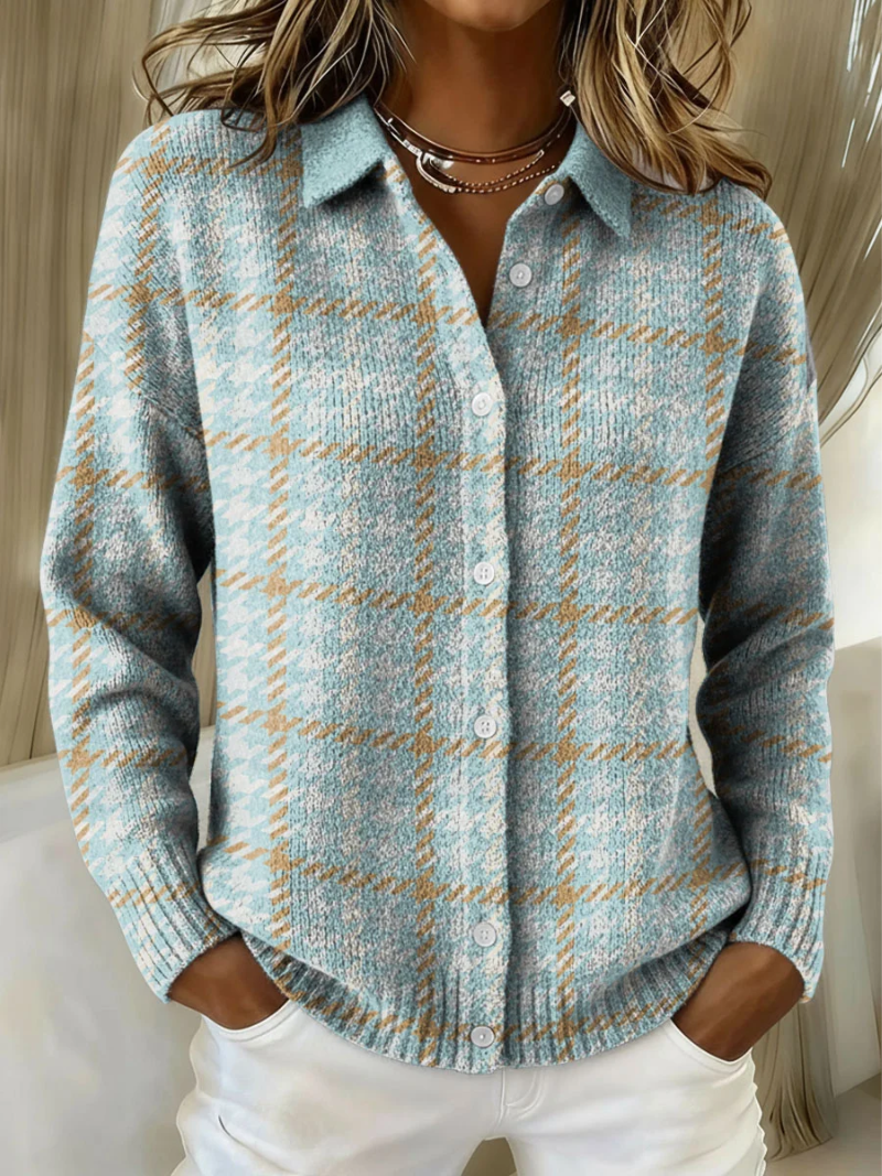 Clara | Sky Plaid Button Knit — 1