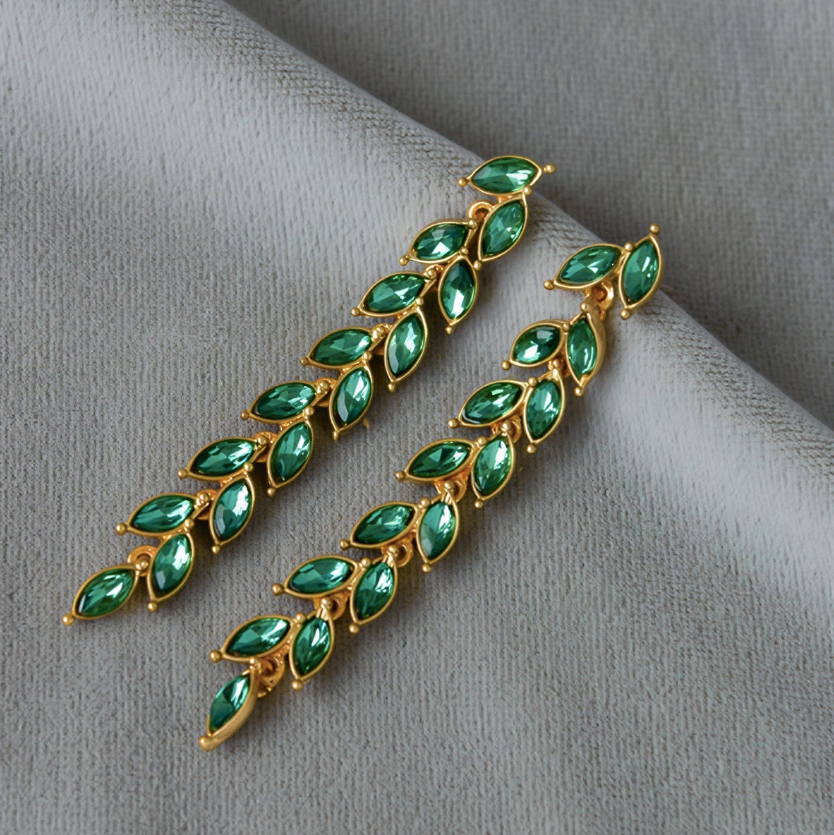 Premium Gold Emerald Leaf Cascade Earrings — Emerald