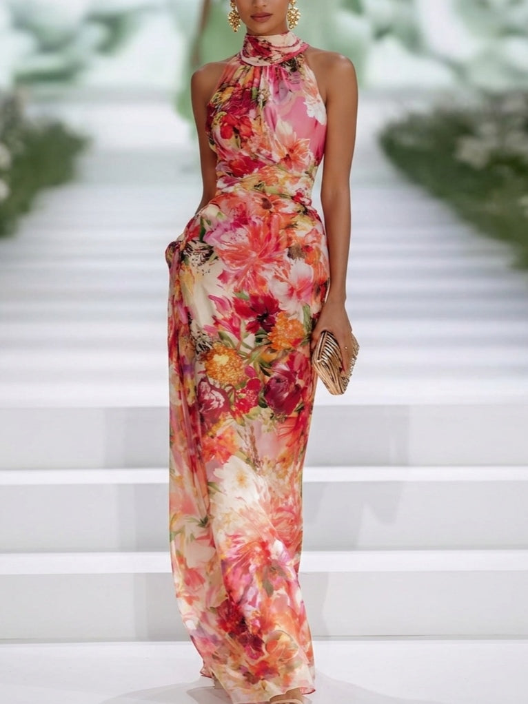 Red Chiffon Floral Halter-neck Sleeveless Maxi Dress — 1