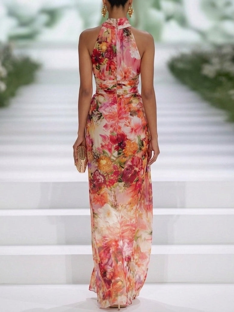 Red Chiffon Floral Halter-neck Sleeveless Maxi Dress — 2