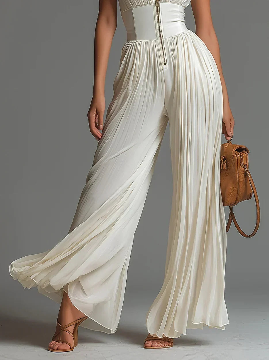 Vittoria · Black chiffon jumpsuit with V-neck, sleeveless, zip, pleated, wide-leg pants