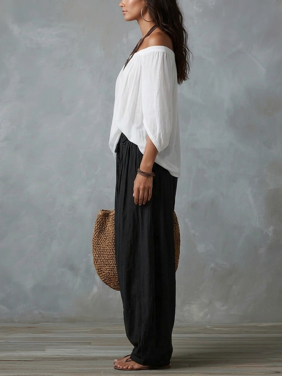 White Off-the-shoulder Top And Loose-fitting Lantern Pants Set — 3