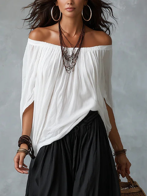 White Off-the-shoulder Top And Loose-fitting Lantern Pants Set — 4