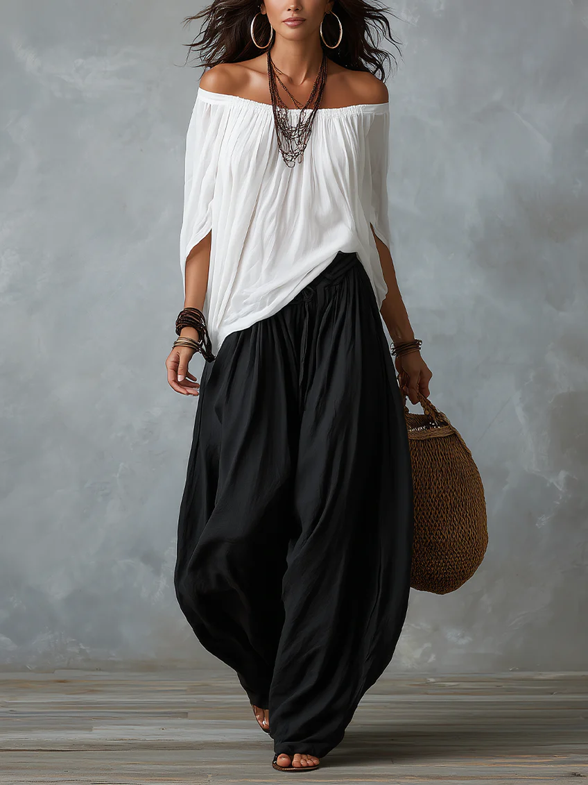 White Off-the-shoulder Top And Loose-fitting Lantern Pants Set — 1