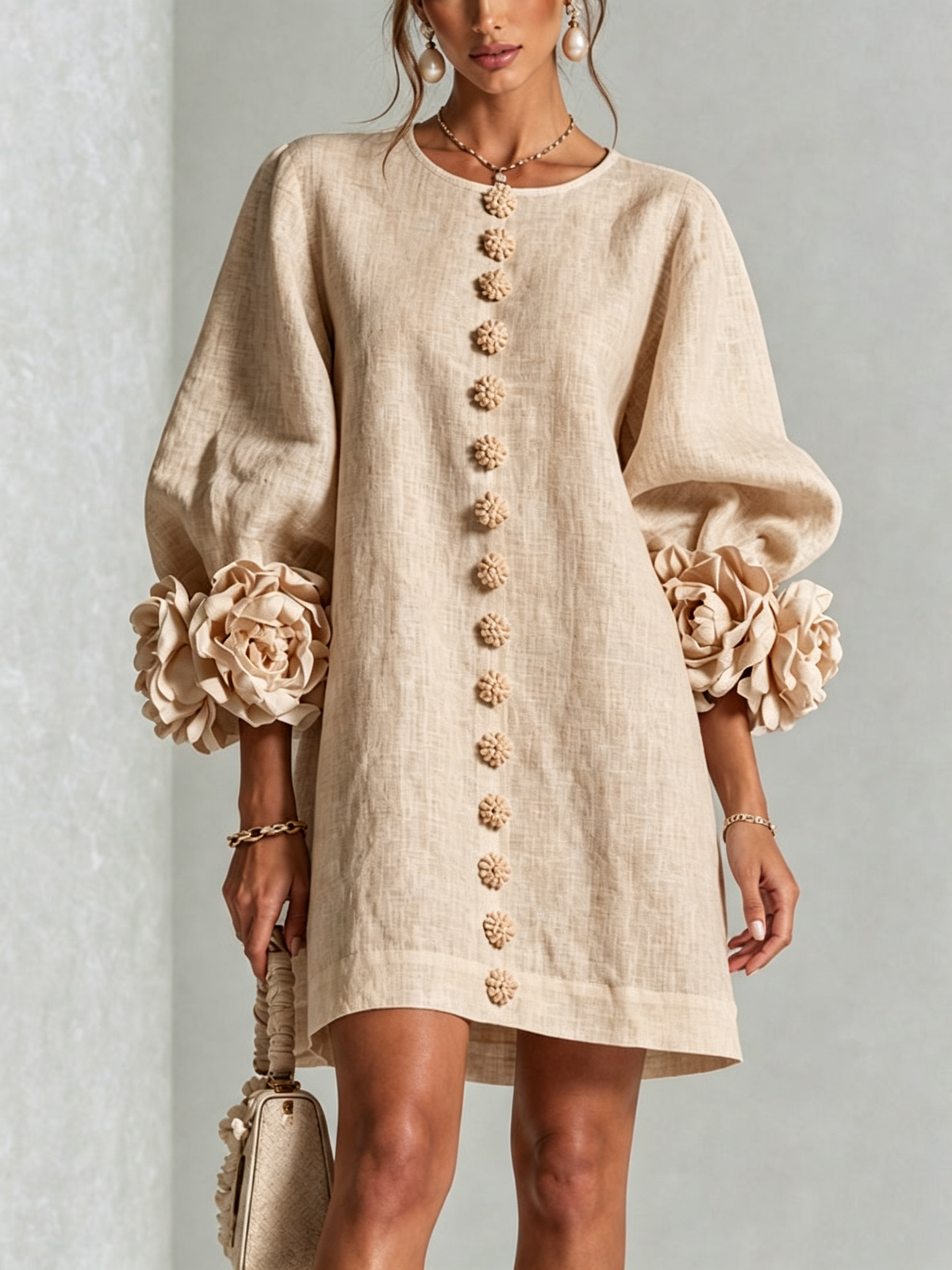 Floral Button-down Mini Dress With Striking Floral Cuffs — 23