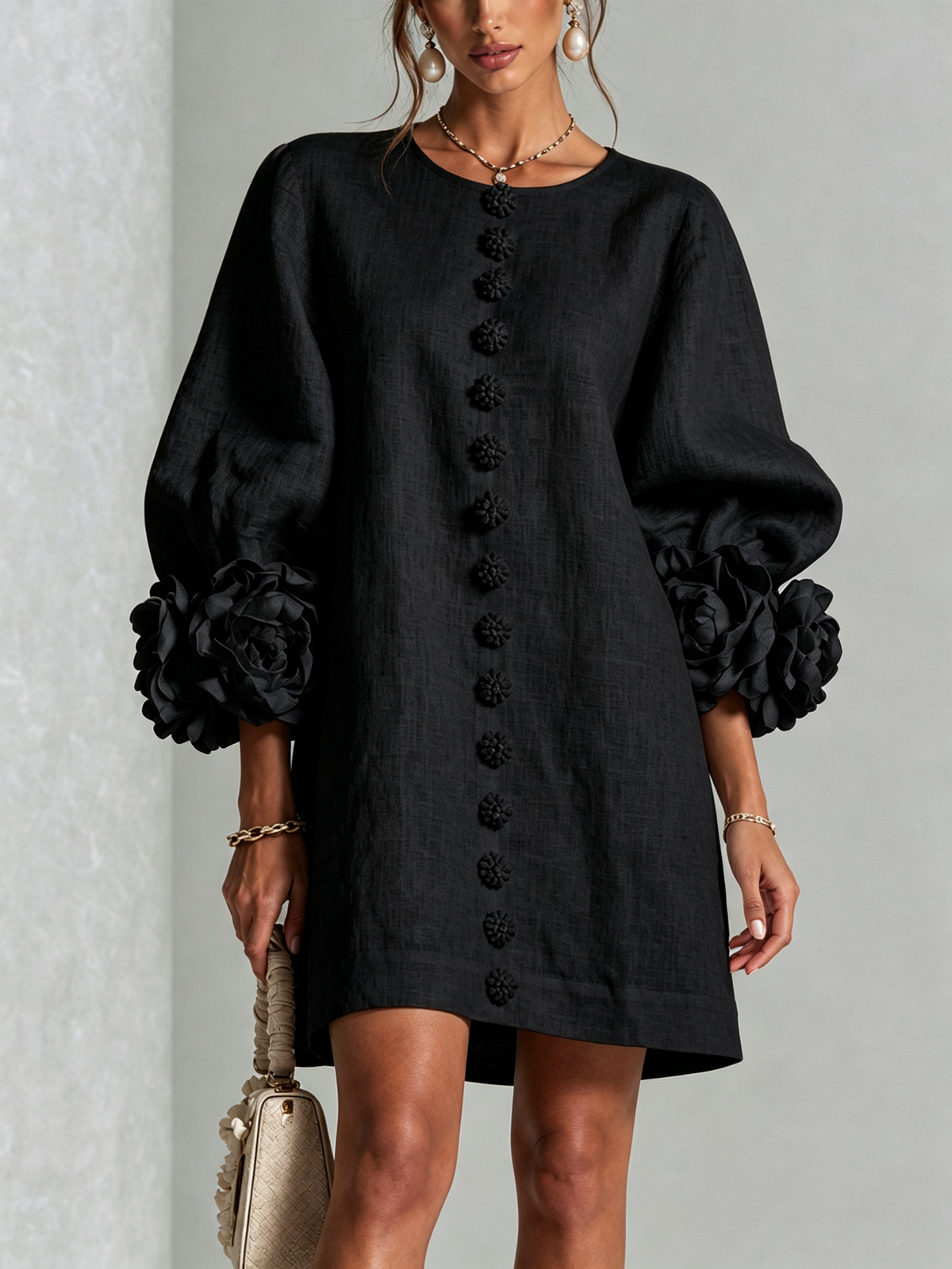 Floral Button-down Mini Dress With Striking Floral Cuffs — 15