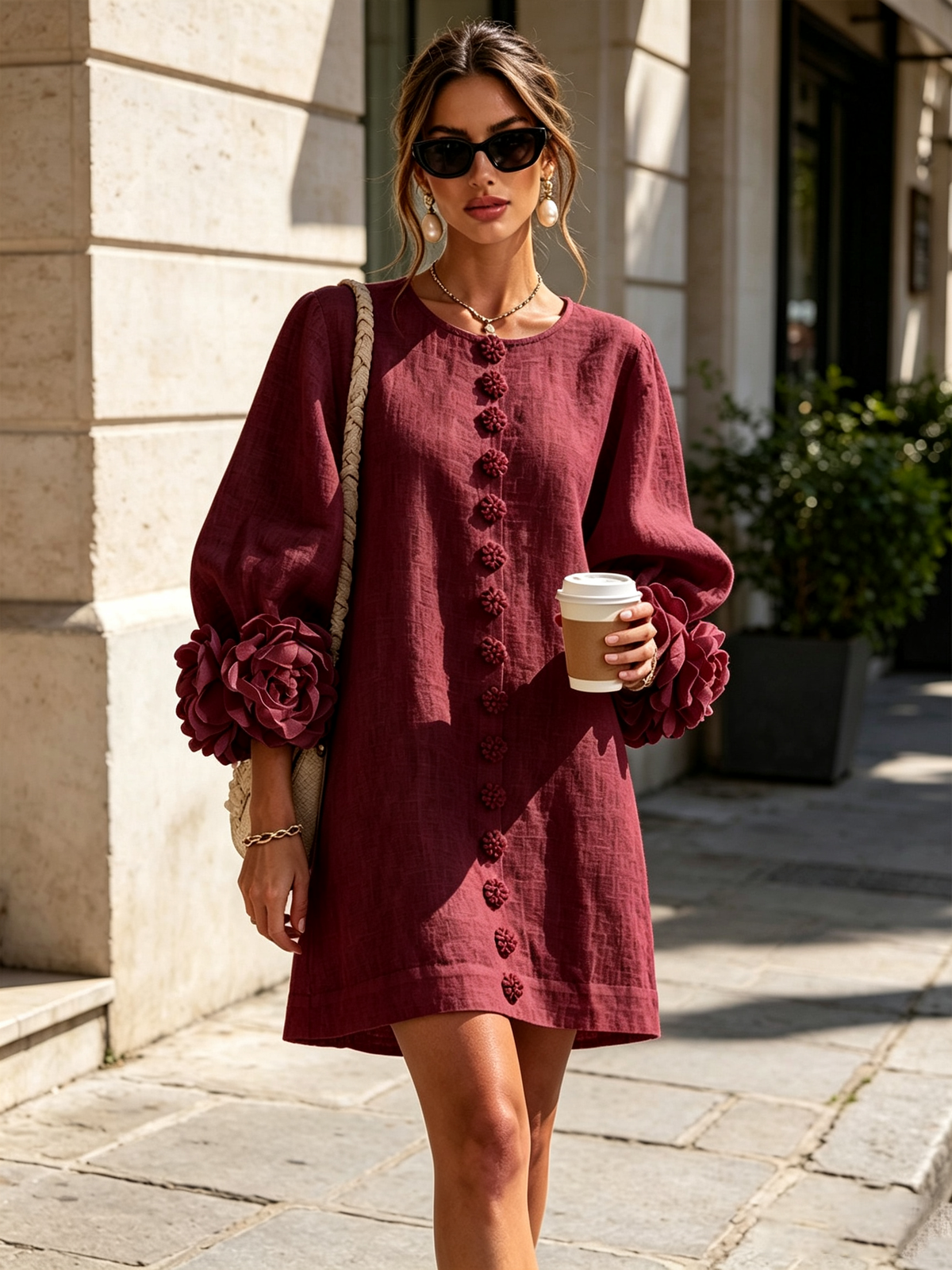 Floral Button-down Mini Dress With Striking Floral Cuffs — 38
