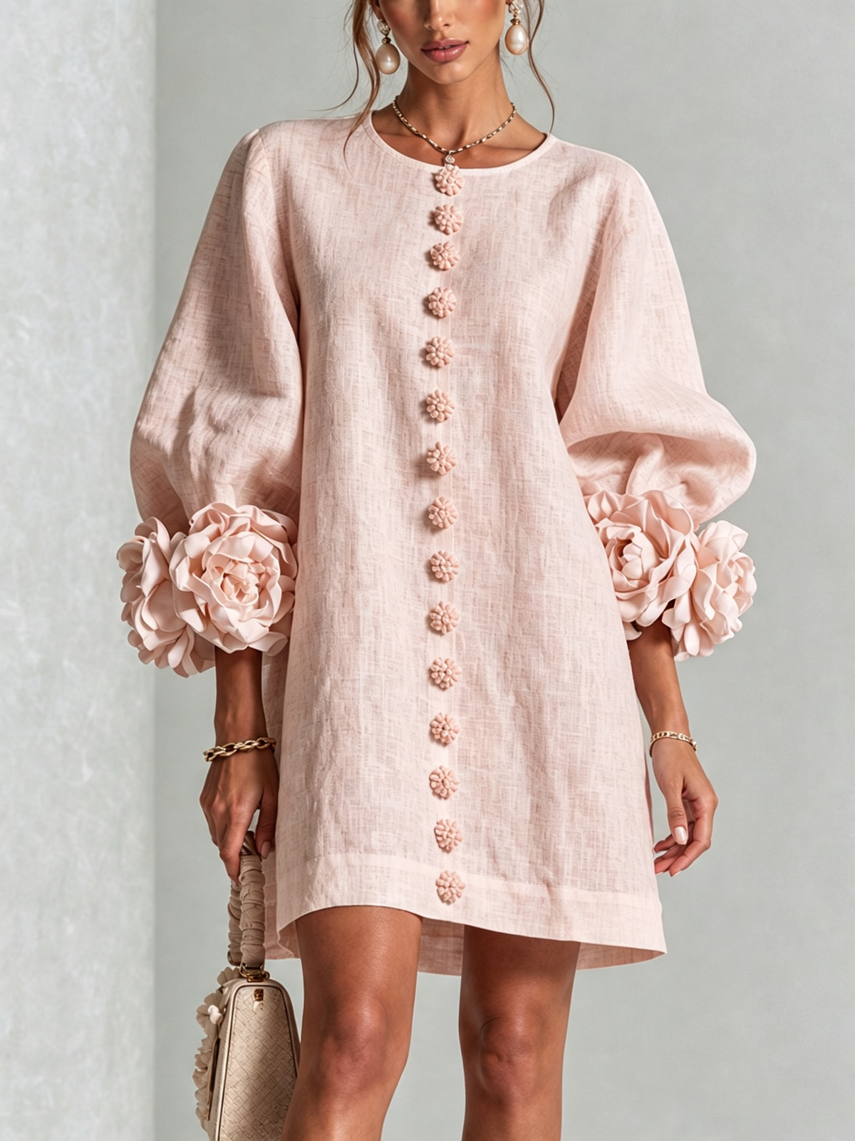 Floral Button-down Mini Dress With Striking Floral Cuffs — 19