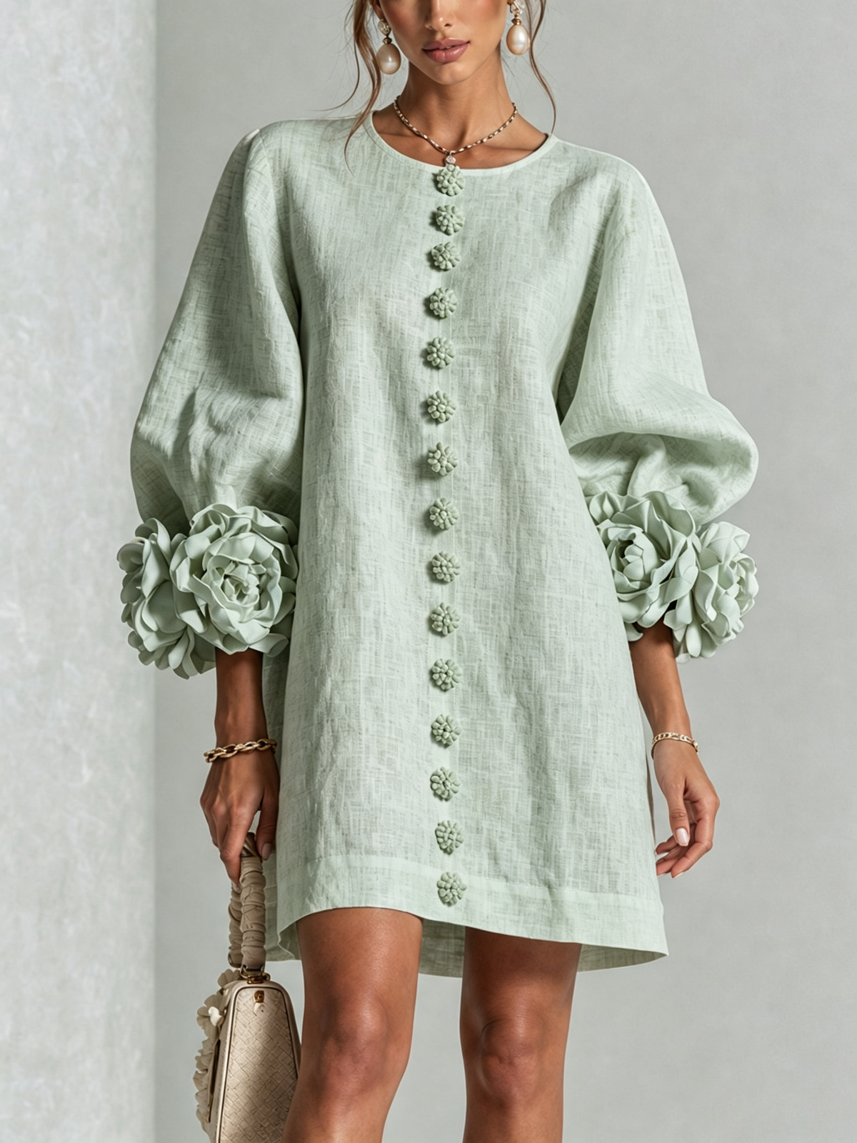 Floral Button-down Mini Dress With Striking Floral Cuffs — 31