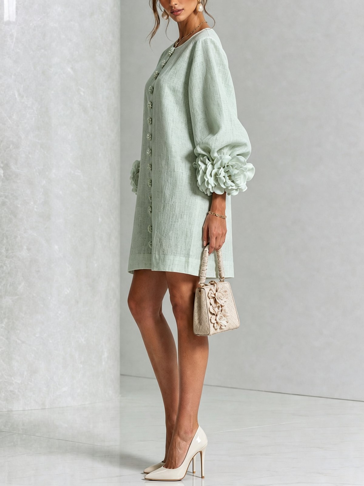 Floral Button-down Mini Dress With Striking Floral Cuffs — 32