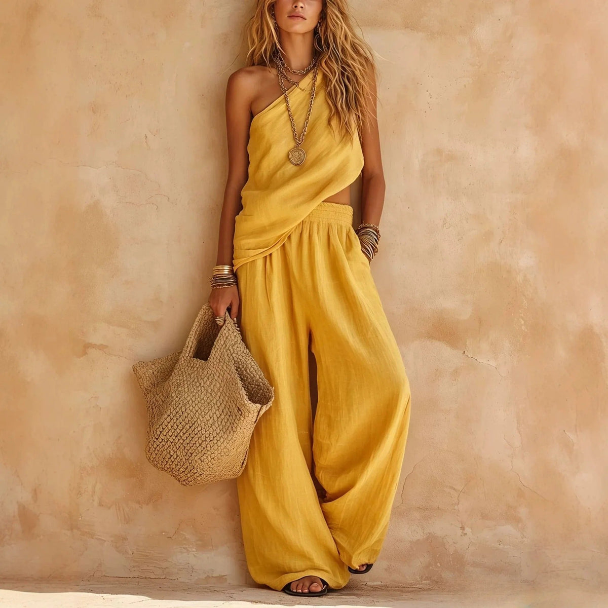 Carlota Two-Piece Linen Effect Set with Wide Pants