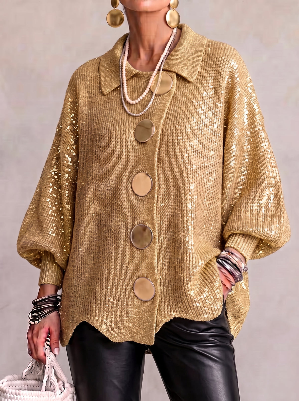 Isadora™ | Oversized Collared Cardigan With Large Metal Buttons — 5