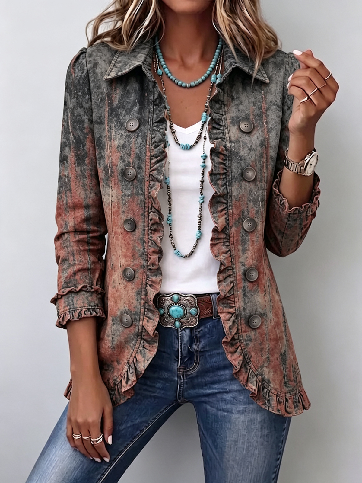 Bristow™ | Vintage Gradient Textured Print Ruffle Jacket — 1