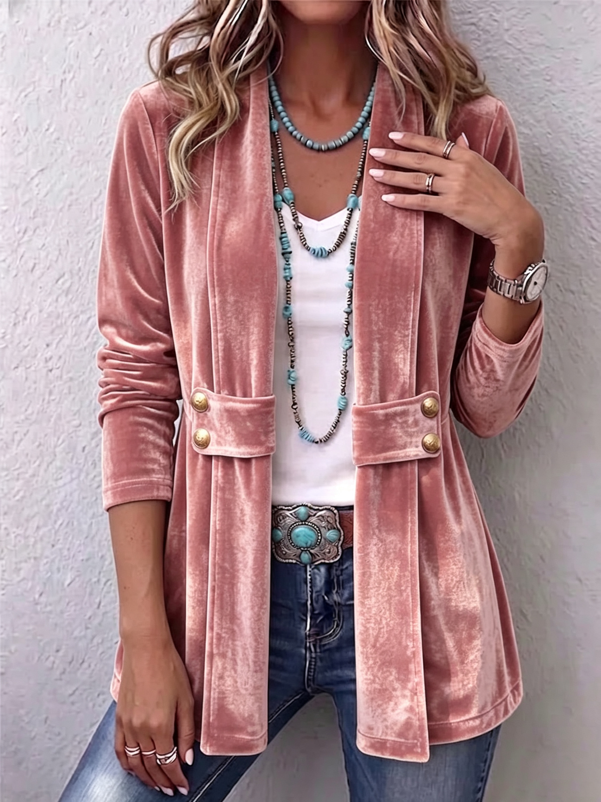 Holliwell™ | Vintage Lapel Button-Accent Long Sleeve Open Front Jacket — 7