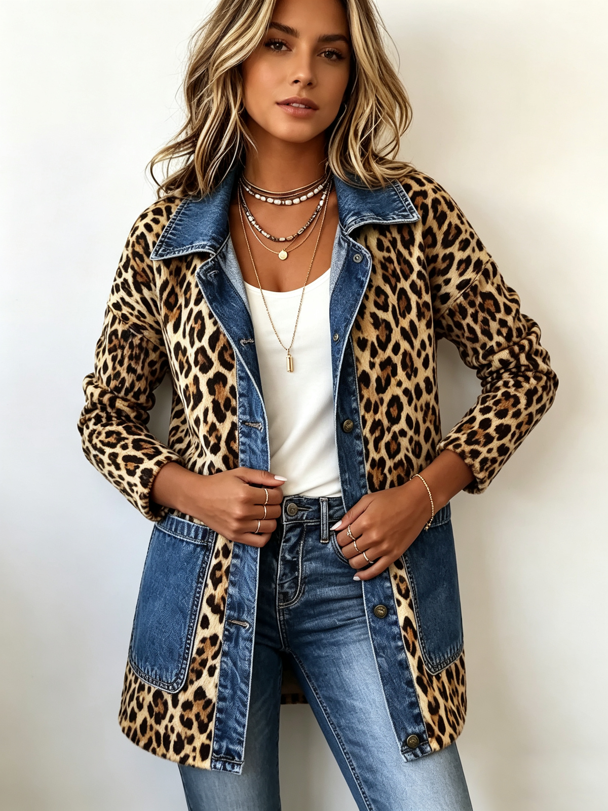 Fablenne™ | Leopard Print Denim Panel Contrast Longline Jacket — 3