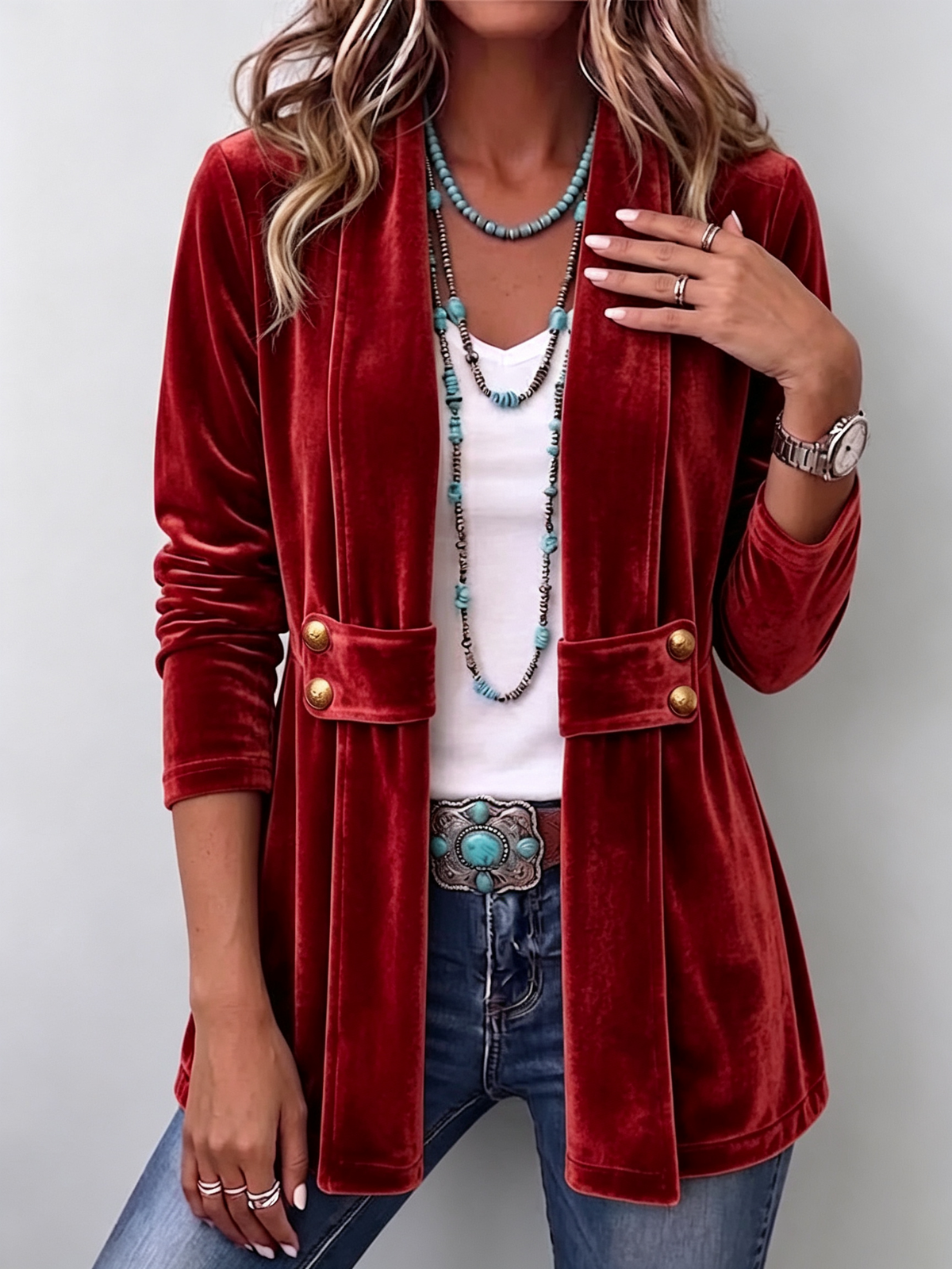 Holliwell™ | Vintage Lapel Button-Accent Long Sleeve Open Front Jacket — 6