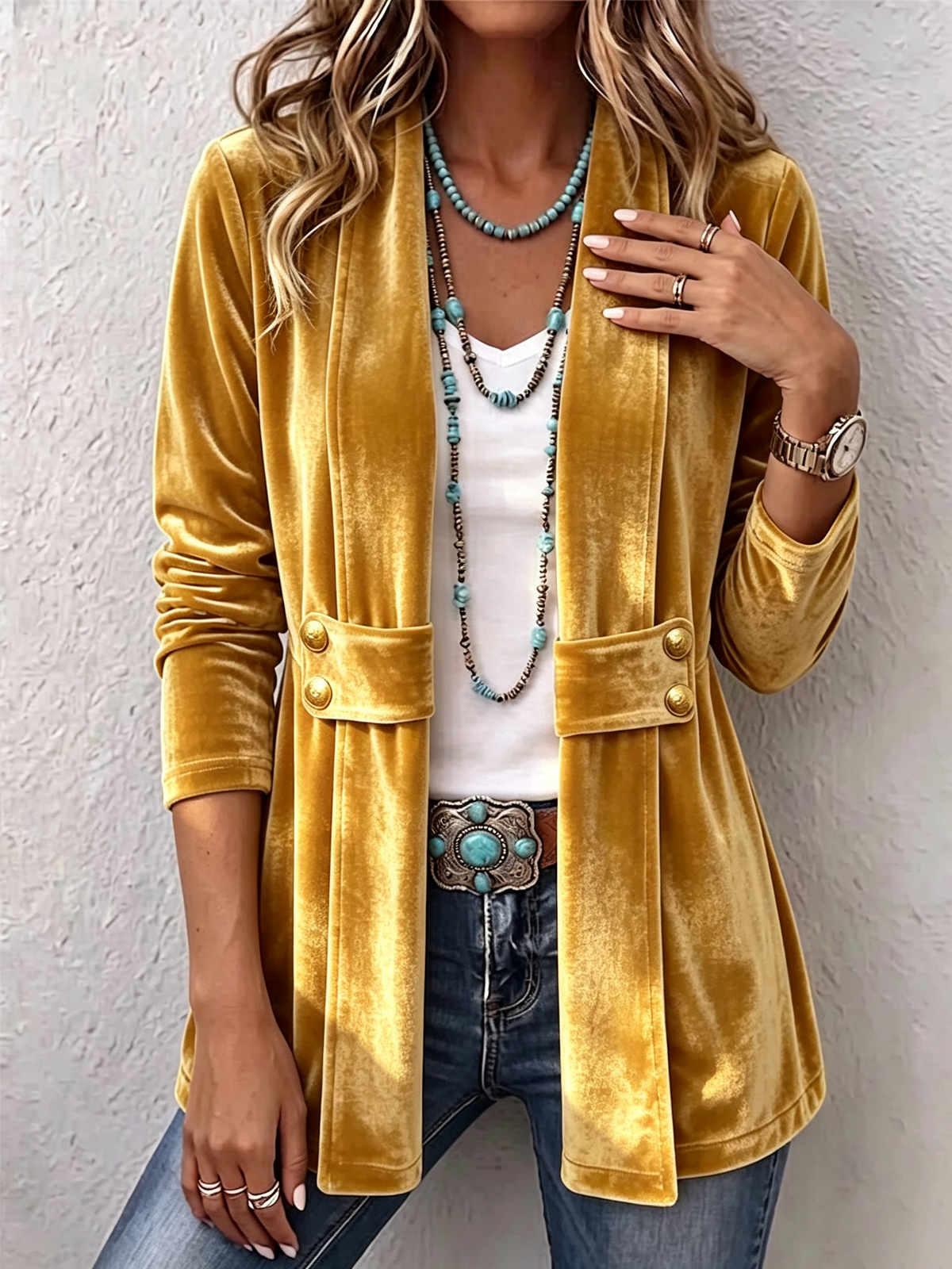 Holliwell™ | Vintage Lapel Button-Accent Long Sleeve Open Front Jacket — 5
