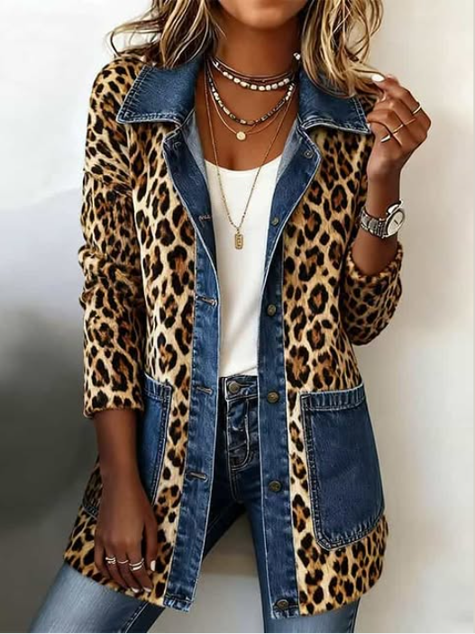 Fablenne™ | Leopard Print Denim Panel Contrast Longline Jacket — 2