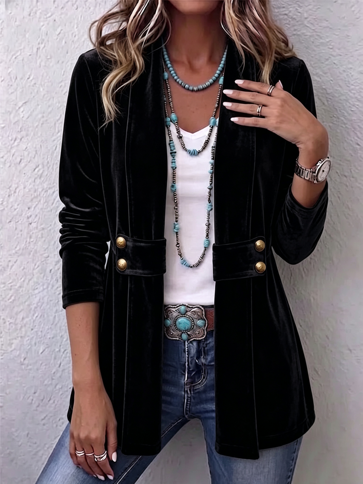 Holliwell™ | Vintage Lapel Button-Accent Long Sleeve Open Front Jacket — 4