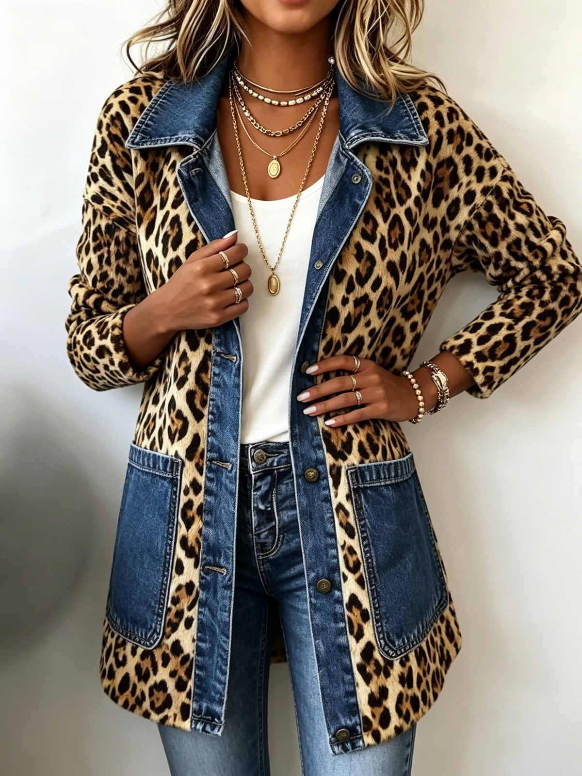 Fablenne™ | Leopard Print Denim Panel Contrast Longline Jacket — 1