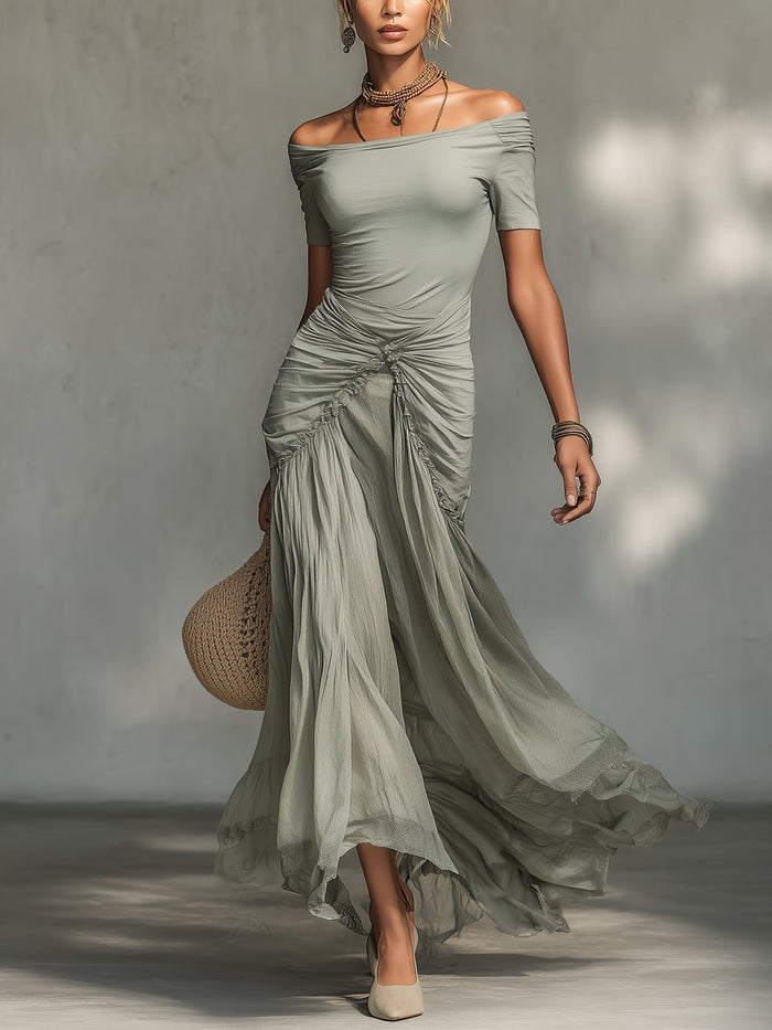 Celine™ | Grey Stretch Fabric And Chiffon Maxi Dress