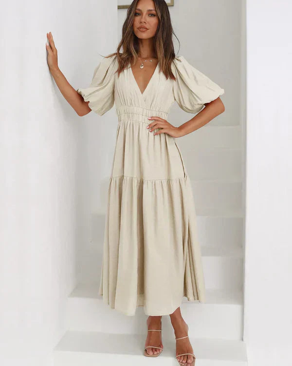 Miss | Jurk Dames Midi V-hals Pofmouwen - Chiffon