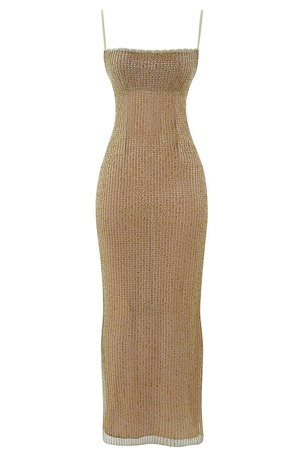 Dazzling Diva | Gouden Maxi Jurk met Subtiele Pailletten Glans