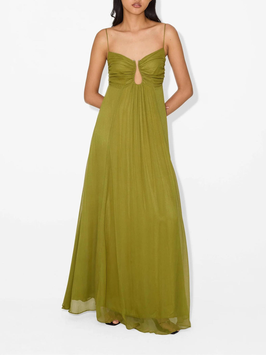 Eliane | Maxi Jurk met Cut-Out & Spaghettibandjes in Olijfgroen