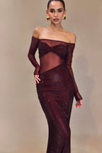 Seraphyne Crystal Mesh Gown | Off-Shoulder Maxi Jurk met Luxe Rhinestone Shine