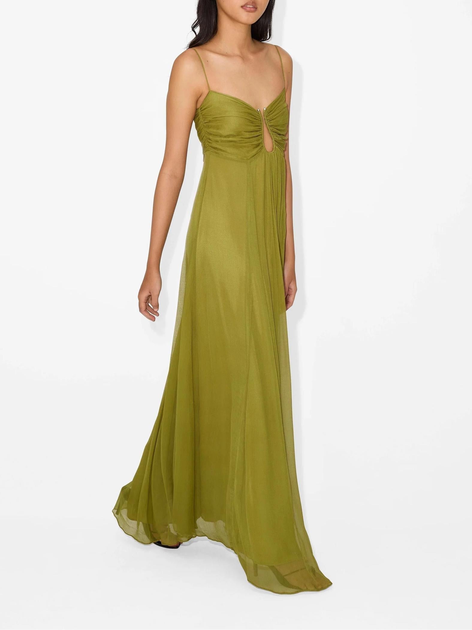Eliane | Maxi Jurk met Cut-Out & Spaghettibandjes in Olijfgroen