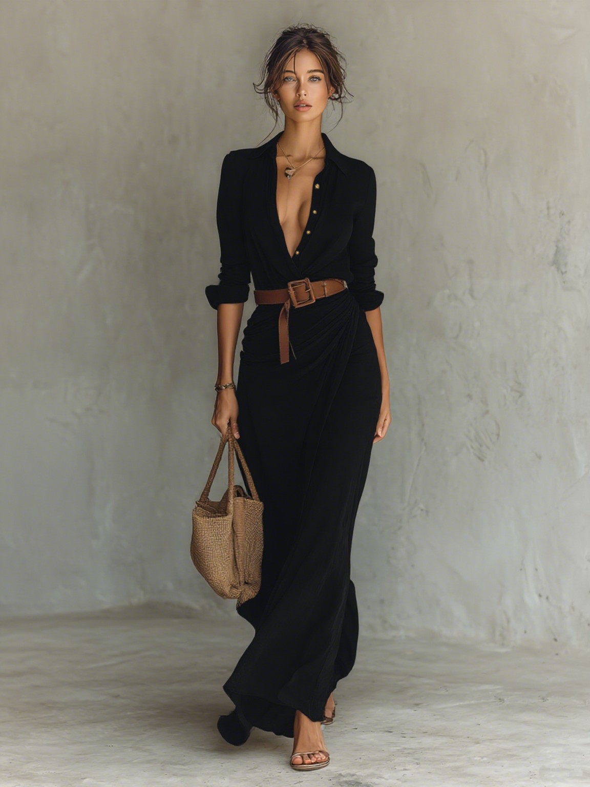 Sienna's | Ladies Lapel Single Breasted Long Sleeve Belted Maxi Dress