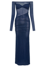 Seraphyne Crystal Mesh Gown | Off-Shoulder Maxi Jurk met Luxe Rhinestone Shine