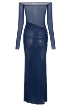 Seraphyne Crystal Mesh Gown | Off-Shoulder Maxi Jurk met Luxe Rhinestone Shine